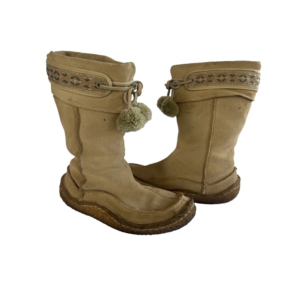Vintage Clarks Suede Mid-Calf Nordic Aztec Sherling Snow Boots Pom Pom Ties Sz 8